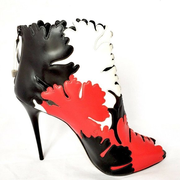 Alexander McQueen Lotus Flower Appliqué Peep- Toe Bootie Leather Red Black 41 - Picture 5 of 9